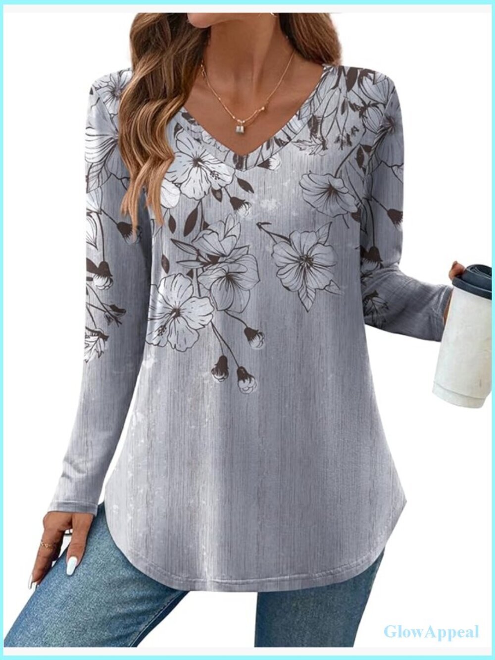 V Neck Long Sleeve Tunic Curved Hem Side Split Blouse for Women